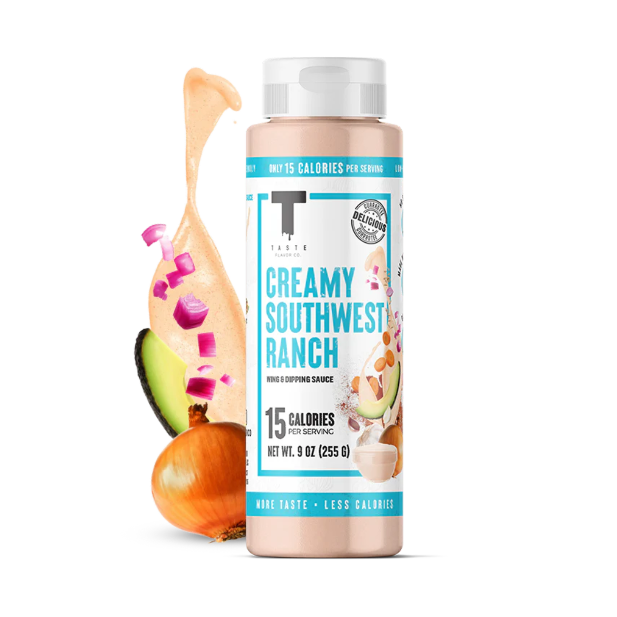 Bottle of creamy southwest ranch dressing with ingredients on a white background taste flavor co